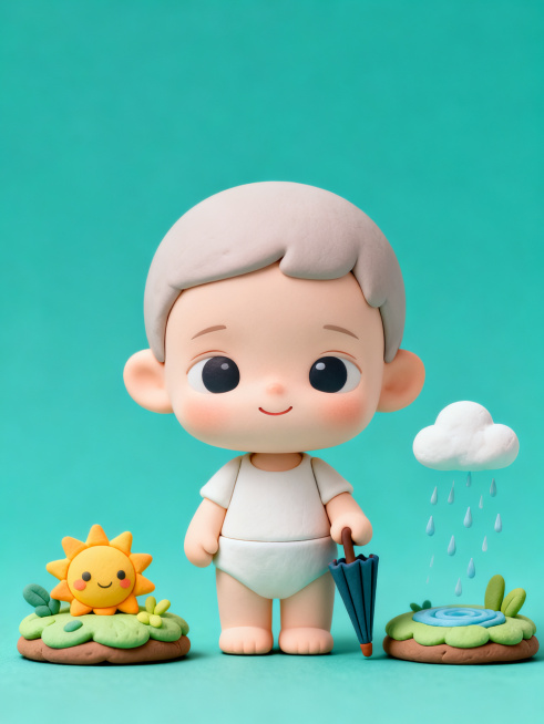 A resilient chibi baby standing calmly between two mini scenes: one is sunny with a small sun, the o预览效果