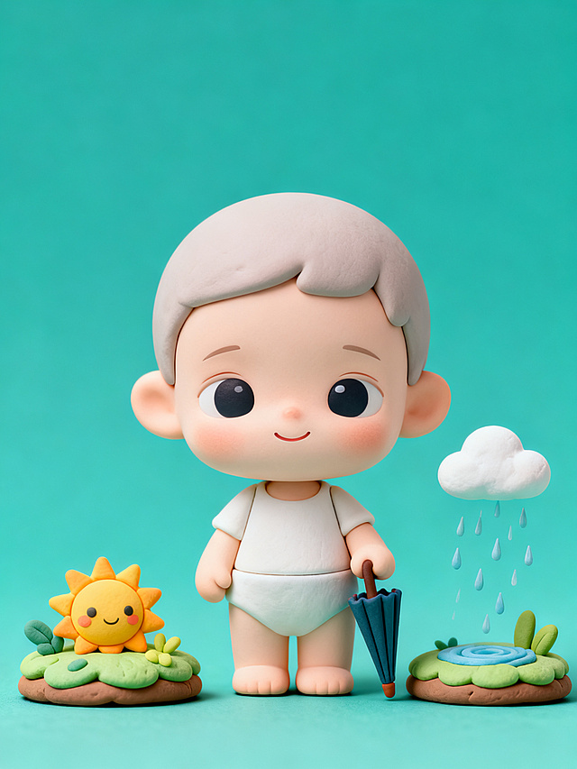 A resilient chibi baby standing calmly between two mini scenes: one is sunny with a small sun, the other is rainy with a small cloud. The baby is holding a tiny umbrella and smiling. Adaptability theme. Polymer clay style, 3D clay material, Pop mart toy style, soft lighting, C4D rendering, octane render, smooth texture, clean teal background, 8k