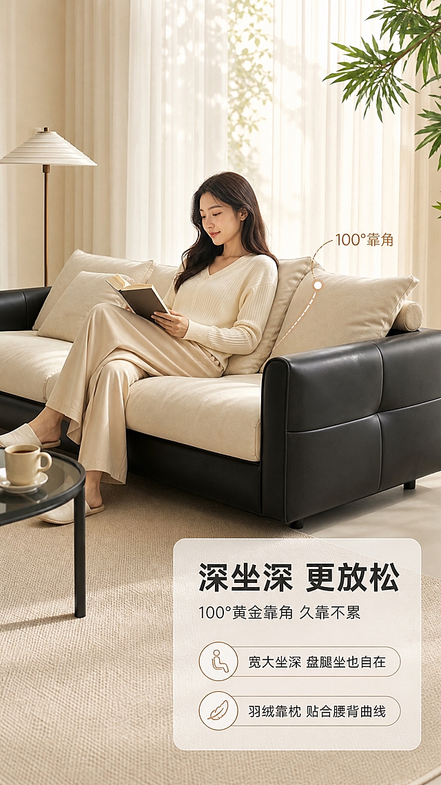 [商品] 使用【图1】意式极简真皮拼布直排三人位沙发；保留黑色真皮扶手与外框、米白色布艺坐垫与靠枕、整体直排结构、真皮与布艺拼接设计；自然理顺面料褶皱，增强质感，不改变沙发结构、颜色和比例。
[画面] 目标：第5张-真人体验页，展示沙发坐感舒适度与真人使用场景。构图：场景满铺+右下文案卡，沙发与人物为主体，右下角叠加半透明信息卡。主体：一位亚洲年轻女性自然坐靠在沙发上，手持书本，姿态放松舒适，沙发占画面约60%，人物与沙发互动自然。场景：延续明亮客厅场景，暖白纱帘落地窗，午后阳光洒入，旁边有小边几和热饮杯，营造慵懒居家氛围。光线：左前侧暖柔自然光，人物面部柔和，整体亮色调。阅读动线：先看人物使用场景，再读右下卖点卡。
[视觉] 套系策略：风格=现代意式极简高级家居商业摄影；标题字=现代无衬线粗体中文；正文字=简洁无衬线体；主色=米杏白+深棕黑；背景延展=基于米杏白做深浅层级、同色渐变和细腻墙面/织物质感；强调色=暖焦糖色，仅用于小面积图标、引线和标签；标题色=深炭灰；正文色=中暖灰；组件=圆角浅底信息卡、细线引线、胶囊形卖点框；光影=左前侧暖柔自然光，整体明亮通透。
[文字] 右下角圆角半透明信息卡：主标题"深坐深 更放松"（大字号，深炭灰）；副标题"100°黄金靠角 久靠不累"（中字号，中暖灰）；下方2个体验点："宽大坐深 盘腿坐也自在"、"羽绒靠枕 贴合腰背曲线"（小字号，深炭灰）。画面中沙发靠背处用弧线标注"100°靠角"。文字不遮挡人物和沙发主体。
[规格] 图片比例9:16竖版，4K，避免变形、错字、文字过小、冷蓝/蓝灰背景、人物不自然、沙发颜色改变、极限词。