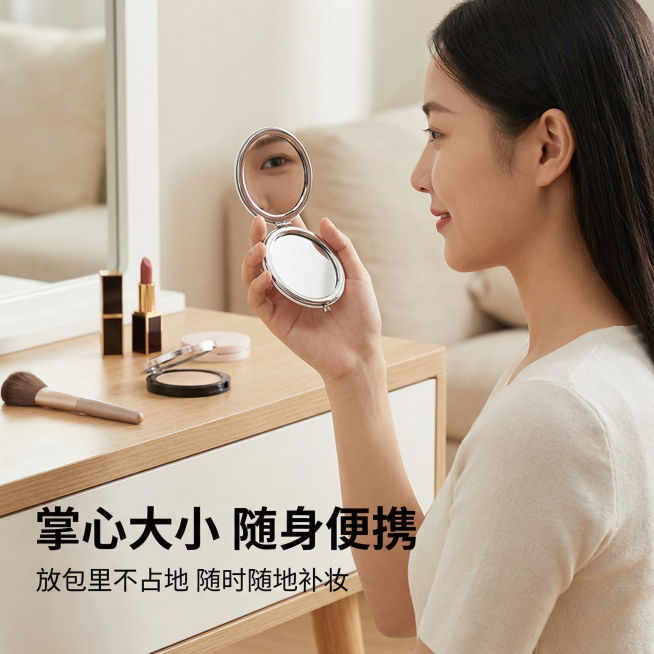 [主图 4] 多场景适用展示
[氛围风格] 生活化场景，自然温馨。
[画面元素] 商业摄影质感、光线柔和通透、产品清晰真实、画面干净高级。一位年轻女性（亚洲面孔）在化妆台边手持这款折叠化妆镜补妆，展示预览效果