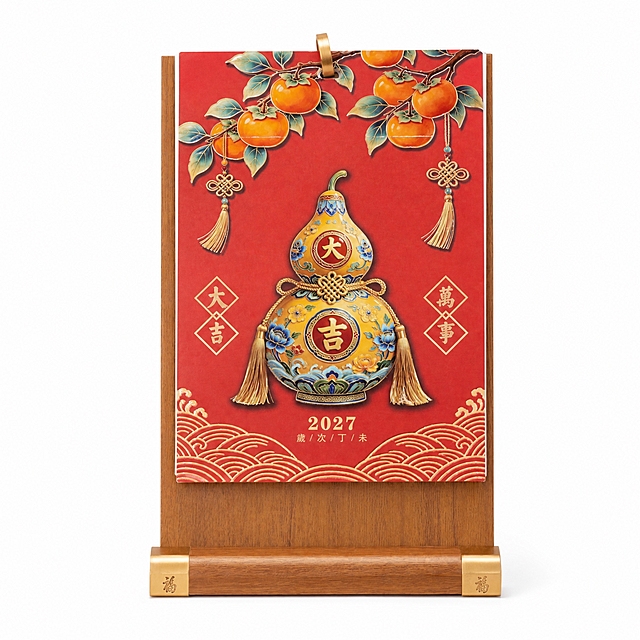 产品精修, 产品置于纯白背景上, 专业商业棚拍光, 5500K标准中性白光, 轮廓光, 体积光, 曝光正确, 强烈真实立体感, 提亮黑色/深色区域的结构层次, 拉开明暗过渡, 恢复部件边界、接缝、转折面和厚度关系, 避免一片死黑但保持原图深色属性, 接地处保留干净浅淡的自然接触阴影, 严禁大片投影、脏灰阴影和悬浮感, 主体居中, 商品完整入画不裁切, 商品外轮廓视觉体量约画面60%-80%, 四边均匀留白约10%-20%, 严禁满幅铺满与贴边顶满, 极致超清画质, 细节清晰锐利, 4K分辨率, 商业级实拍质感, 保留原图真实材质与结构细节, 明显提升商品表面洁净度, 清理灰尘、污渍、指纹、油污、胶痕和霉点, 让表面从脏旧发闷变为干净可售卖状态, 修复划痕、磨损、掉漆、飞边毛刺和使用旧痕, 翻新为干净商业新品感, 基于原图材质恢复纹理、颗粒、折射、高光、柔韧折痕、透明边线或工艺细节, 避免糊成塑料感, 锁定原图商品颜色, 颜色以输入图为唯一参考, 分段部件颜色边界按原图锁定, 还原真实物理色彩, 消除灰暗感和偏色, 锁定原图商品轮廓、件数、部件位置、连接关系、标签文字和可见功能细节, 只做精修不重绘结构, 台历木质底座: 木质纹理自然, 纹路方向和色差按原图保留, 台历红色葫芦页面纸张: 哑光/半哑光纸质质感, 柔和漫反射, 低高光, 金属环扣与装饰件: 光面金属质感按原图锁定, 高光边线清晰, 反射干净但不过度镜面化, 正视图, 标准透视校正, 正常透视焦段, 保持同类机位, 比例1:1