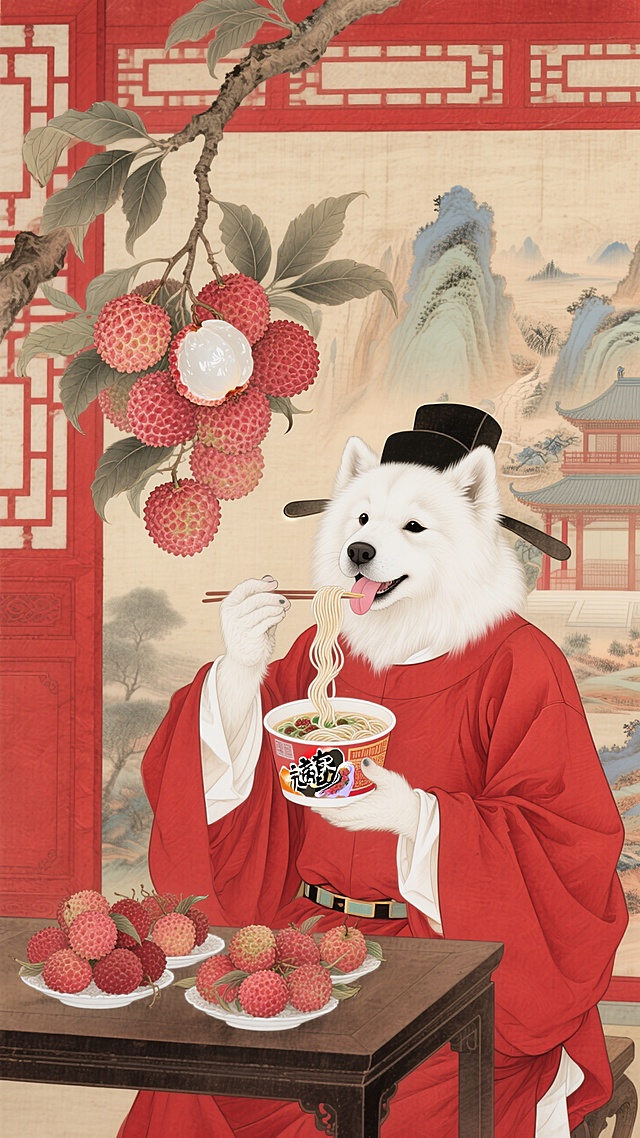萨摩耶穿着唐朝长安城小吏服（红色官服）在房间吃着泡面，桌上满满的荔枝