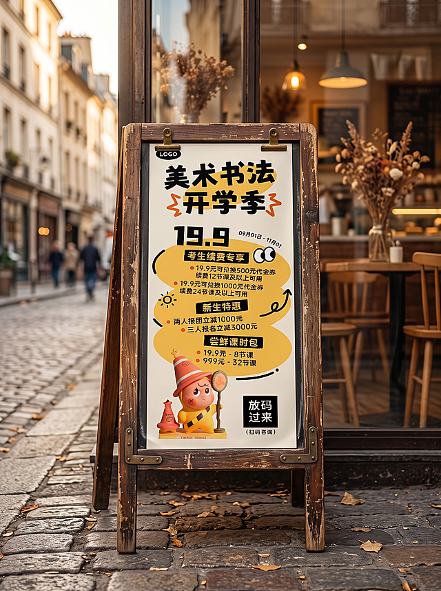 将海报原封不动置入街边玻璃门店前的复古木质立式海报架，超写实照片，暖调自然光，背景柔和虚化，浅景深，温馨治愈的街景氛围，做旧木质感，8K高清，细节丰富，生成海报样机，比例3比4