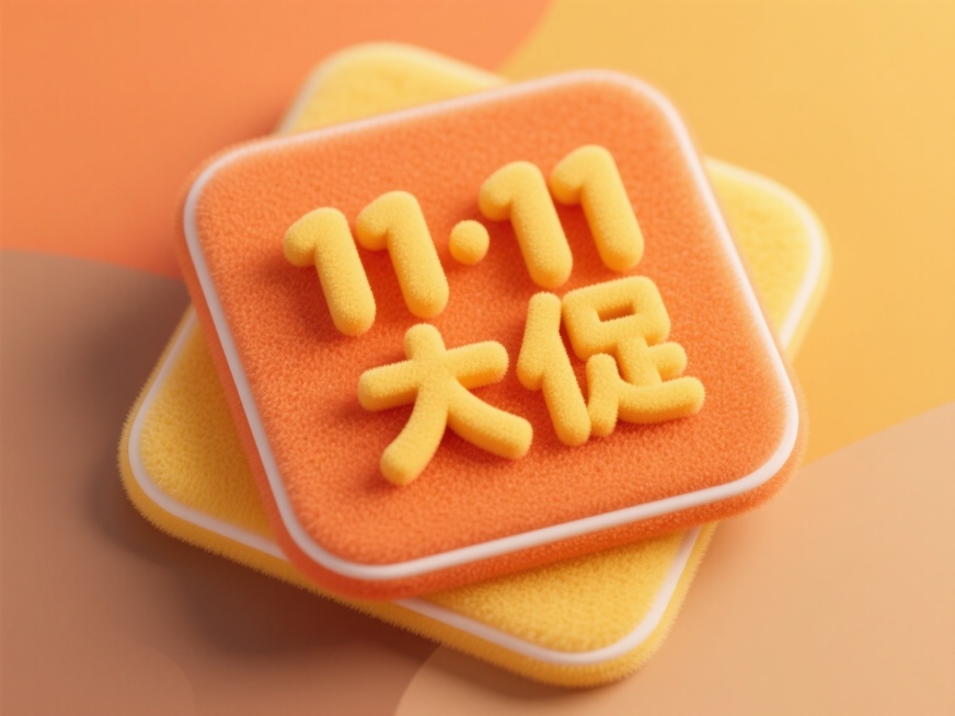 3D立体风格设计，暖色系渐变背景（如橙色、黄色、浅棕色融合），两个叠放的圆角方形海绵质感板块，前方板块为温暖的橙色，后方板块为柔和的黄色，中央有一个厚实立体的黄色字母造型替换为“11·11 大促”文字，文字采用圆润粗体设计，表面有细腻的绒毛质感，带有轻微阴影增强立体感，板块边缘有白色简约线条装饰，整体画面呈现出柔软、可爱、明快的氛围，光影柔和，高光自然，色彩和谐统一。预览效果