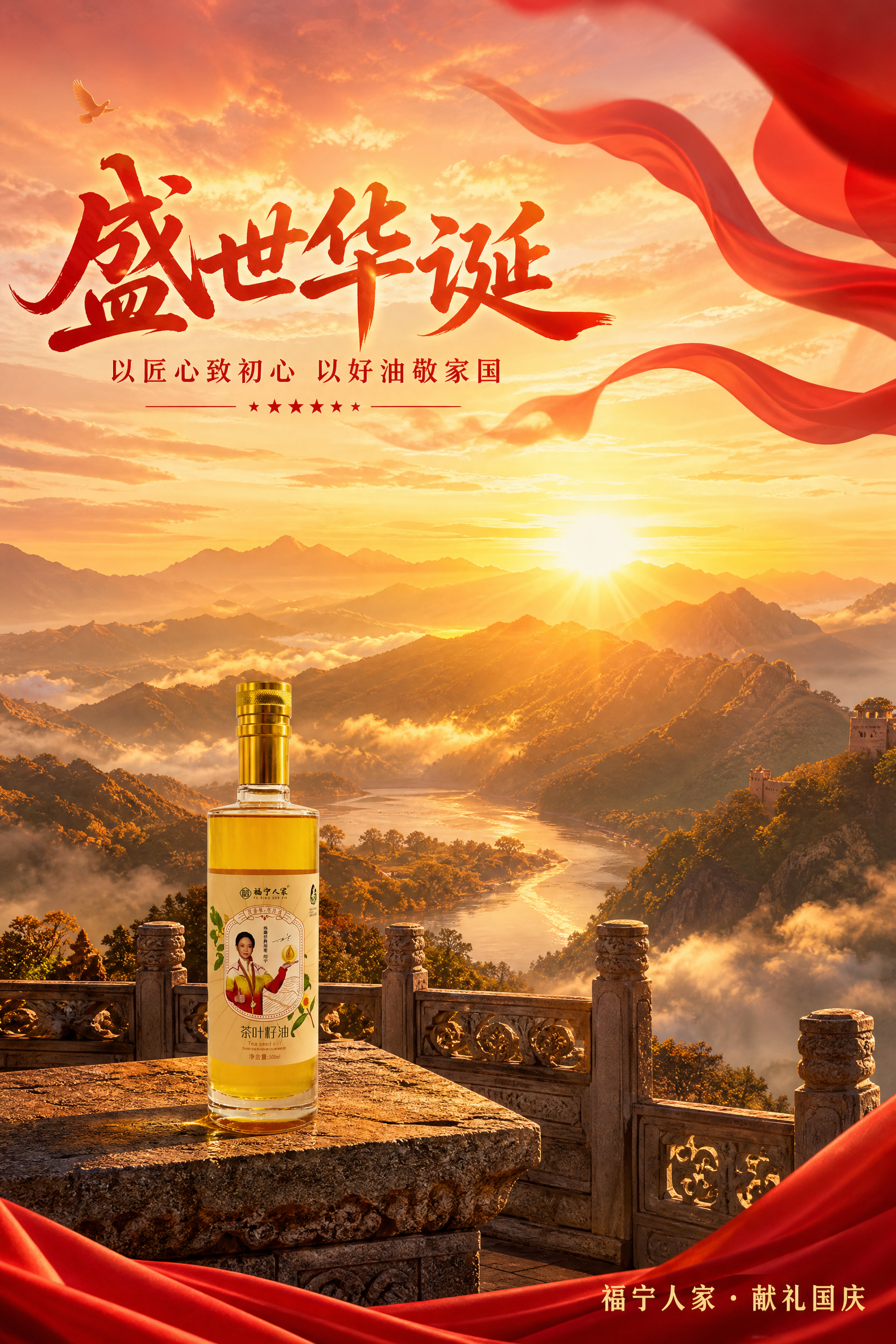 国庆祝福主题产品海报，写实商业摄影风格，大气山河意境，红金配色… - 图片创意预览