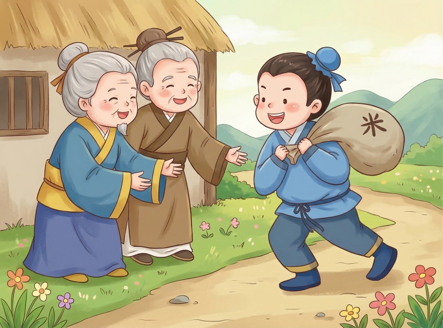 采用参考图的Q版卡通古风插画风格，绘制子路负米的孝道故事，人物形象圆润可爱，色彩柔和温暖，适合儿童阅读的传统文化插画，画面生动展现故事主题预览效果