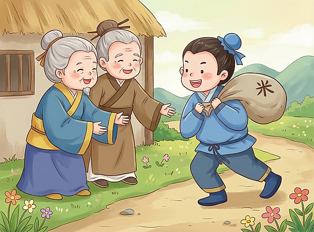 采用参考图的Q版卡通古风插画风格，绘制子路负米的孝道故事，人物形象圆润可爱，色彩柔和温暖，适合儿童阅读的传统文化插画，画面生动展现故事主题