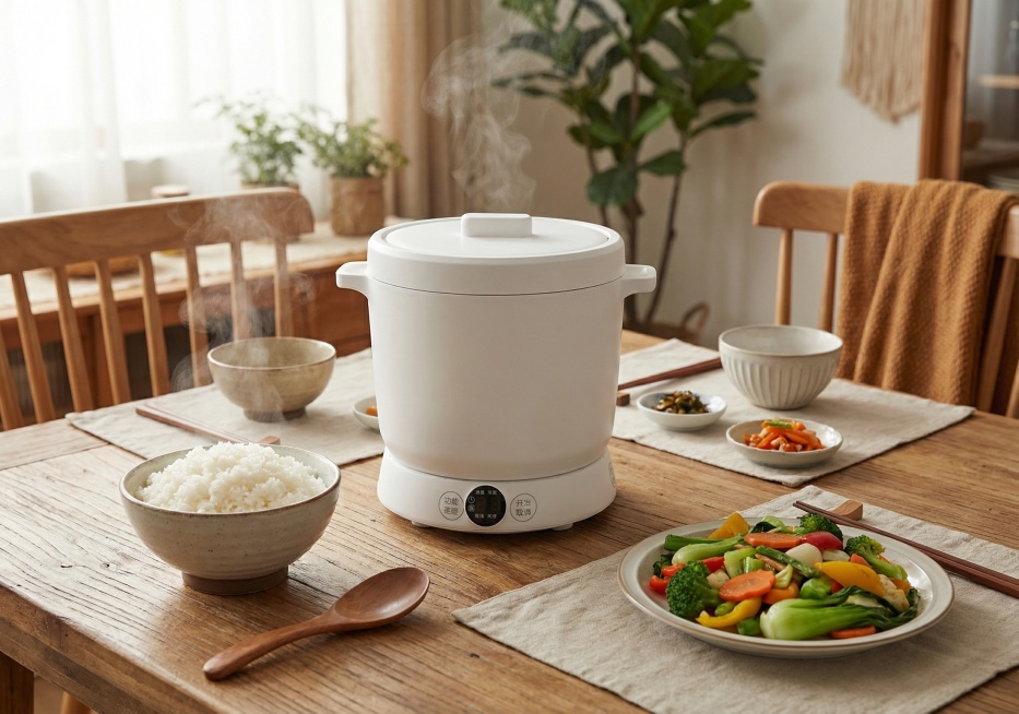 「图片1」生成一张把产品放在桌子上，旁边放上米饭和菜或者汤预览效果