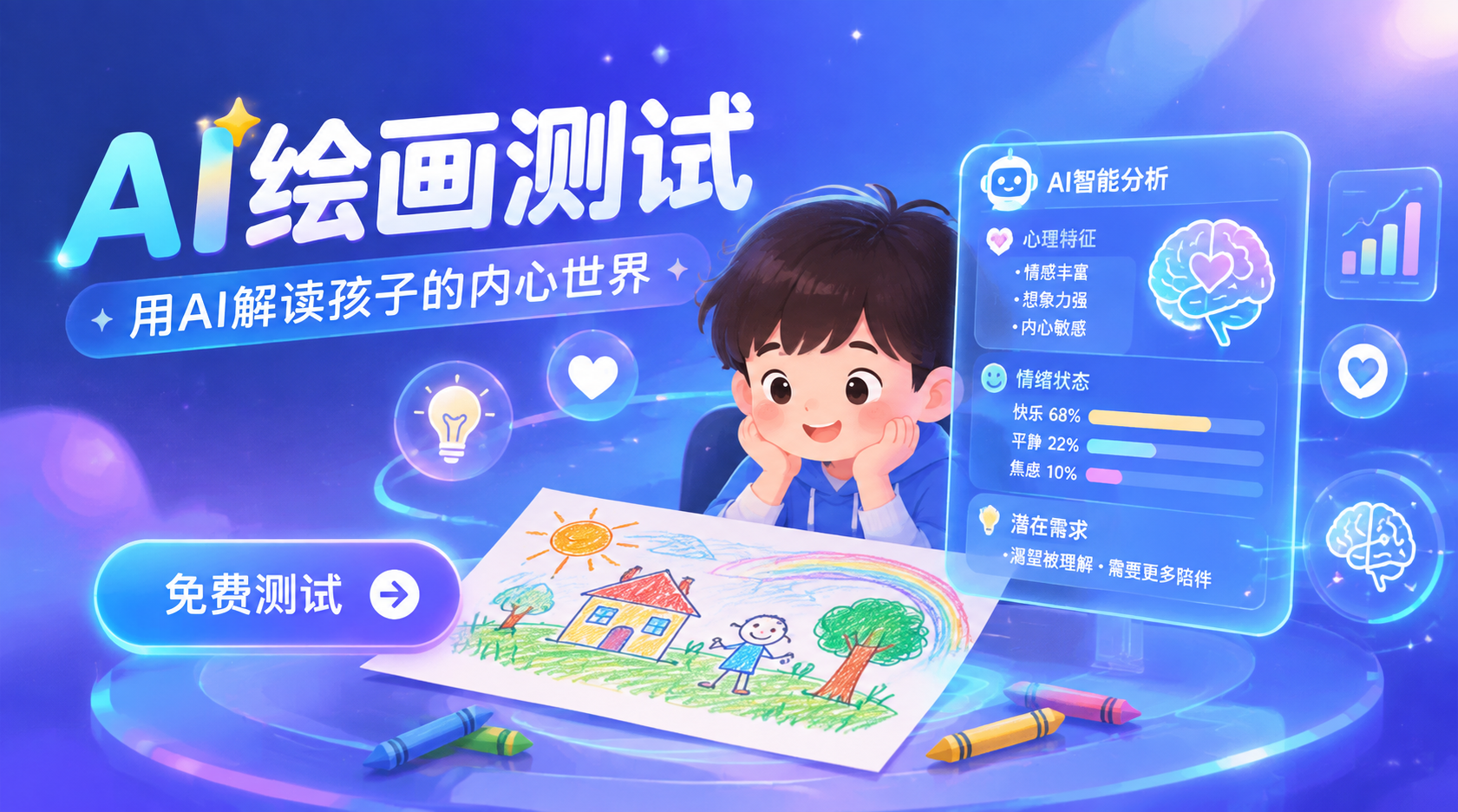 儿童心智绘画APP轮播Banner设计，主题：AI绘画心理测试… - 图片创意预览