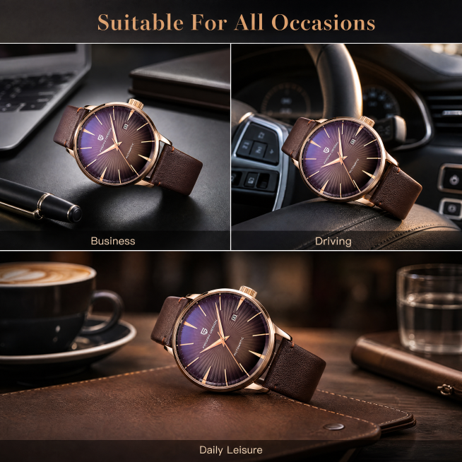 [第6屏] 多场景使用展示-Pagani Men's Watch multiple scenarios page. 本屏手表产品特征保持和【图1】一致，展示三种使用场景。
[氛围/风格] 真实生活场景预览效果