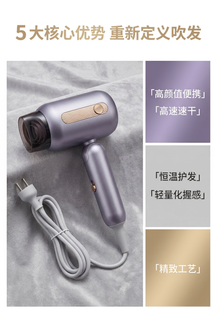 2:3 竖版，电商详情图，杂志风精致排版，严格还原上传的产品图，包括香芋紫机身、香槟金装饰条、浅灰色电源线等所有细节，产品比例 1:1，视觉大小协调。画面左侧为吹风机 45° 侧放特写，置于浅灰色绒布预览效果