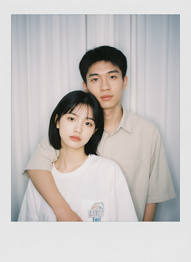 胶片风city pop杂志封面，清新柔和色调，舒适感十足的青春情侣照。