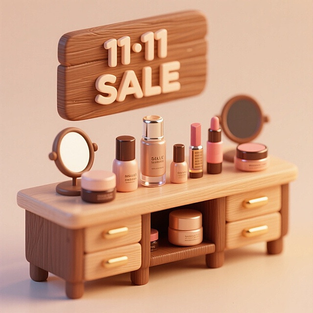 画面主视觉是一个微缩的木质柜台，远景，柜台上有一个木牌“11·11 SALE”，水乳、精华、镜子等护肤品摆放在柜台上，可爱活泼的彩妆品牌氛围，棕色调。