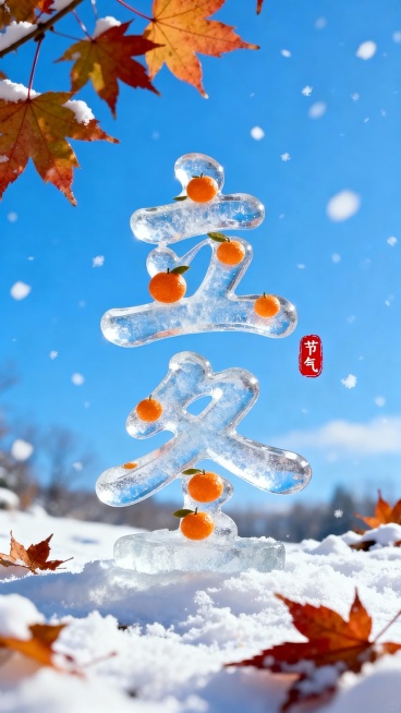 画面中央是晶莹剔透，字形圆润的”立冬” 二字，字体上可以有小小的橘子元素点缀。背景是一片晴朗的蓝天，画面中有白雪和枫叶。立冬字旁“红色小印章”节气“点缀，整体画面色彩明亮，背景有纵深感预览效果
