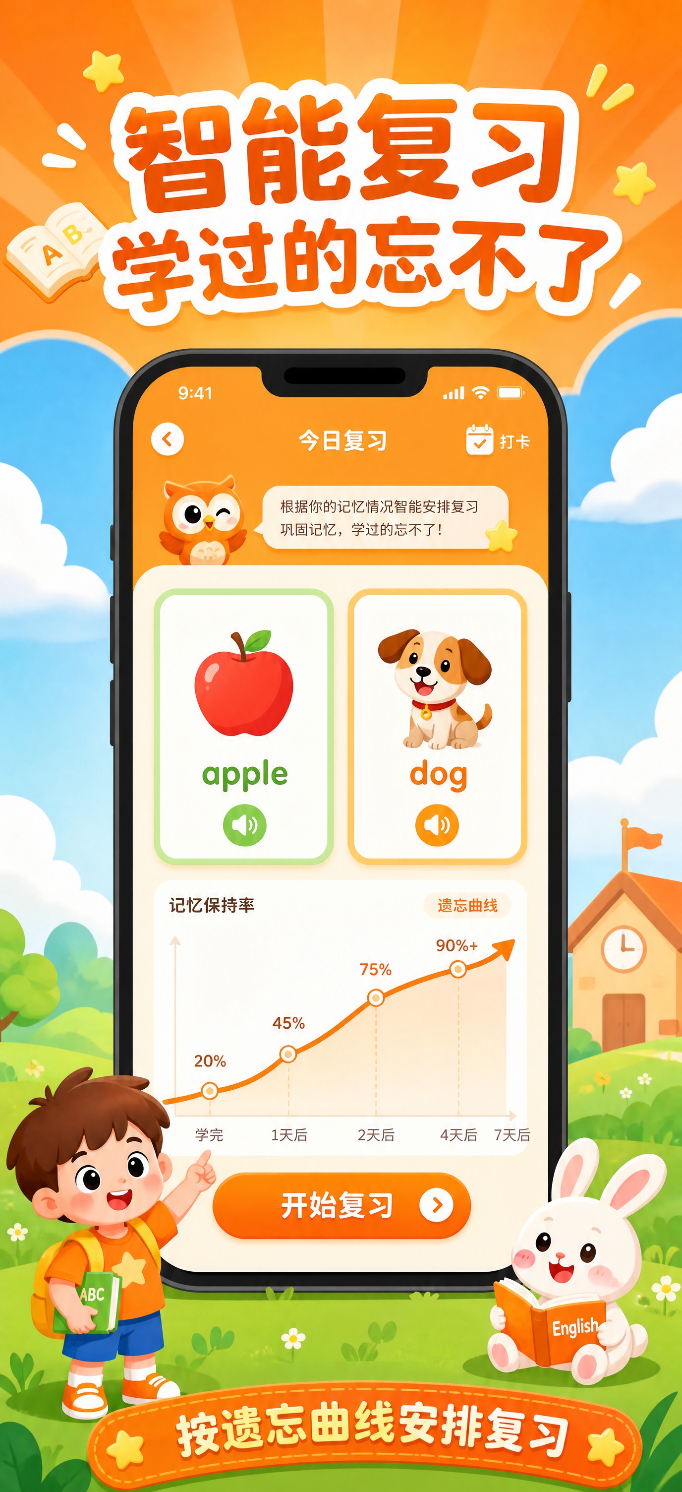 橙色插画风格儿童英语学习APP宣传图，竖版构图，尺寸1290×… - 图片创意预览