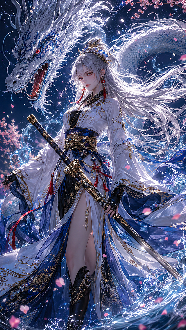 梦幻唯美的中式古典插画风，银发少女执剑立于星空樱花间，白龙盘绕，光影流转，鎏金纹饰与粒子特效交织，营造神圣神秘的虚拟现实意境。