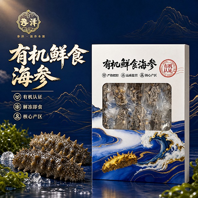 [主图-1] 首图点击率 有机鲜食海参礼盒主视觉 突出高端滋补品质与食欲感
[统一基调] 国潮品质风 深蓝金配色 主标题用粗笔刷书法字 米白字加浅金描边 辅助文案用清爽黑体 整体高端大气 传递专业靠谱的滋补食品质感
[画面] 产品礼盒正面居中偏右 占画面65% 礼盒外观与输入图完全一致 白色盒面 有机鲜食海参书法标题 参泽金色徽章 有机认证红章 底部蓝金海浪与金色海参图案 礼盒前方摆放两到三只解冻后饱满的即食海参 海参刺挺饱满 表面水润有光泽 旁边点缀少许冰粒和新鲜海藻 背景为深蓝色渐变 带有淡淡的国潮山水纹理 左上角放置参泽品牌Logo 左上方主标题大字 有机鲜食海参 下方辅助文案 有机认证 解冻即食 核心产区
[光影质感] 商业摄影质感 自然暖光从左上方照射 礼盒表面有细腻反光 海参表面水润通透 底部有柔和接触阴影 整体通透有层次
[配色] 主色深蓝 辅助色金色 米白 点缀红色认证章 背景深蓝渐变
[文字版式] 主标题粗笔刷书法字 米白色加浅金描边 位于左上区域 辅助文案黑色清爽黑体 字号为主标题50%以下 有机认证红章保留原位置 文字不遮挡产品主体
[输出要求] 1:1比例 2048*2048 文字清晰可读 产品清晰不变形 无错字 无水印 无平台Logo 无杂乱元素