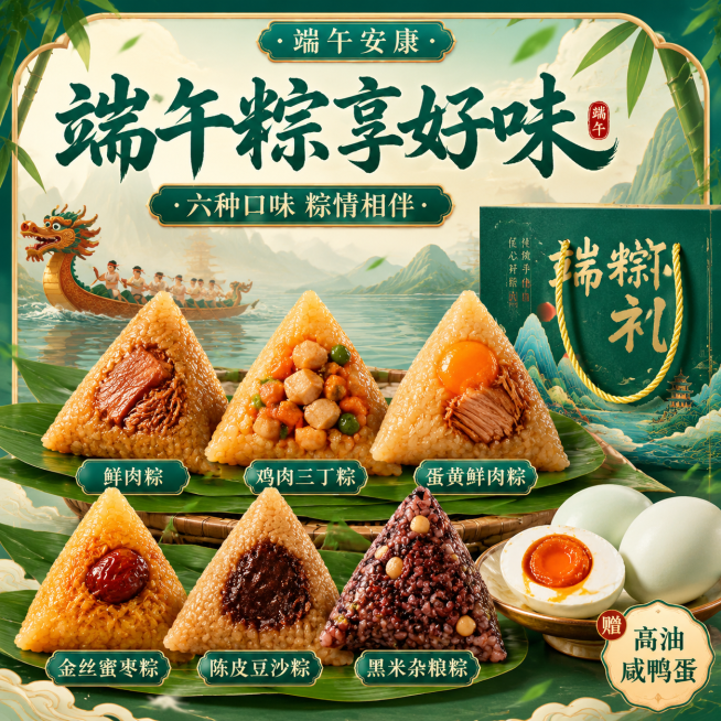 一张正方形端午节粽子产品主图，布局和第一个图一致，展示多款口味粽子：鲜肉粽、鸡肉三丁粽、蛋黄鲜肉粽、金丝蜜枣粽、陈皮豆沙粽、黑米杂粮粽，搭配高油咸鸭蛋，整体风格国潮端午风，清晰展示产品预览效果