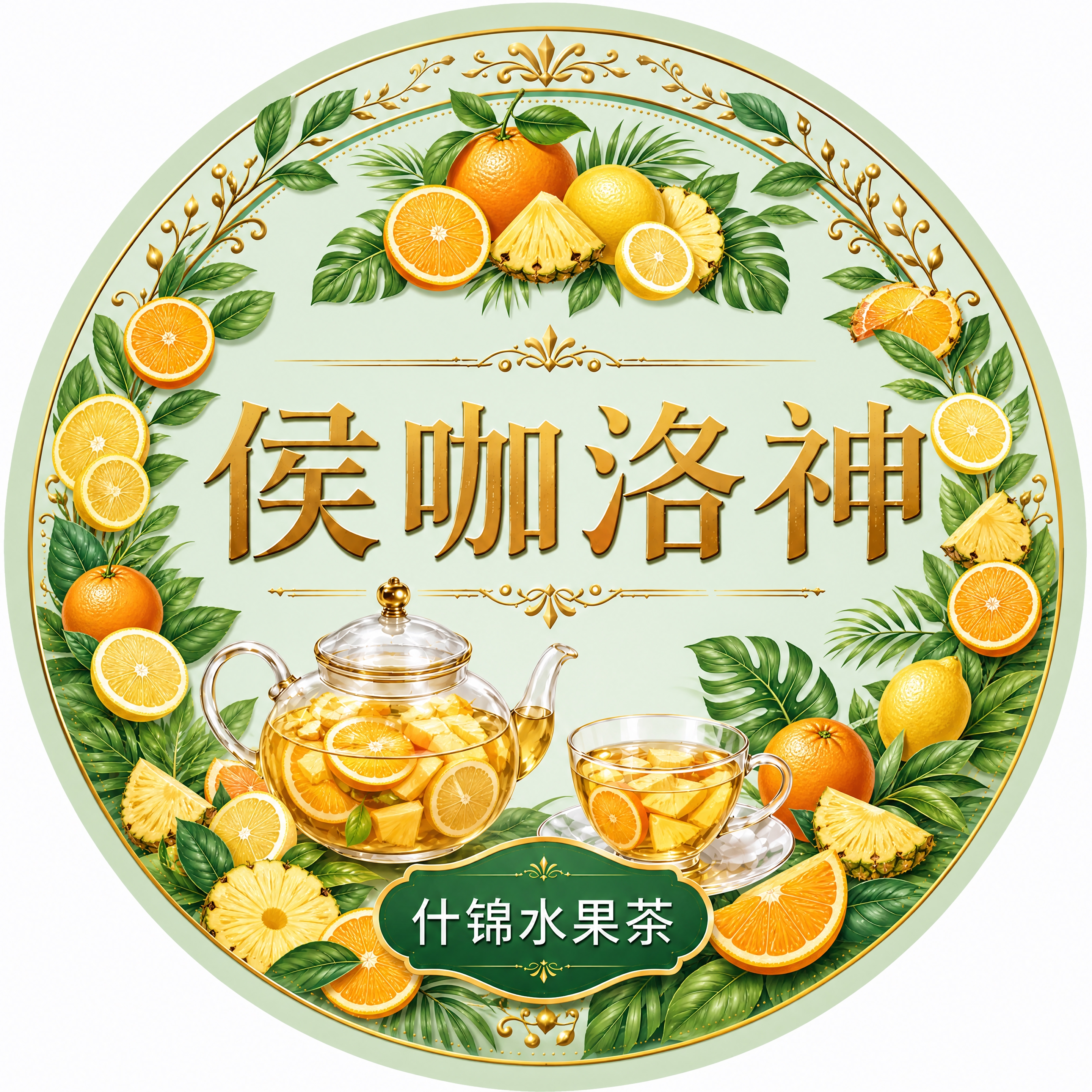 基于参考图彻底重绘，保持浅绿色圆形背景、金色边框花纹、"侯咖洛… - 图片创意预览