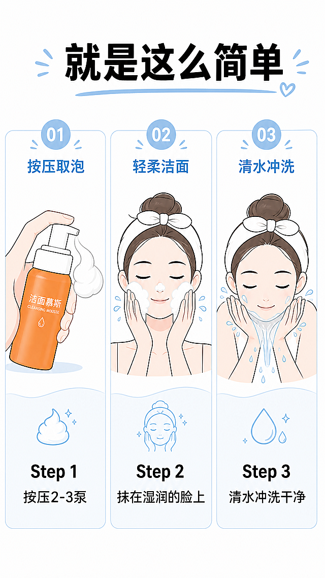 [第5屏] 洁面慕斯使用步骤引导页，简约卡通插画风格三步教学。氛围风格：简约干净教学风，白色背景，清新线条，柔和色彩。元素布局：横向分三栏展示三个步骤，从上到下：标题区、步骤图区、说明区。Step 1：插画展示手部按压泵头出泡沫，配文"Step 1 按压2-3泵"；Step 2：插画展示泡沫抹在湿润脸部轮廓上，配文"Step 2 抹在湿润的脸上"；Step 3：插画展示清水泼洒冲洗干净，配文"Step 3 清水冲洗干净"。整体风格简约线条，点缀淡蓝色。光影质感：干净平涂+柔和阴影，画面清爽不杂乱。配色色系：背景纯白色，线条黑色，点缀淡蓝色和瓶身原橙色，配色简洁。视角构图：三步横向排列在竖版画面中，顶部主标题"就是这么简单"，文字在每一步下方居中。文字版式：主标题加粗，步骤文字清晰，字号适中，方便手机阅读。比例分辨率：9:16竖版比例，4K分辨率，文字清晰可辨。负向提示词：线条杂乱，文字模糊，配色暗沉，步骤混乱。