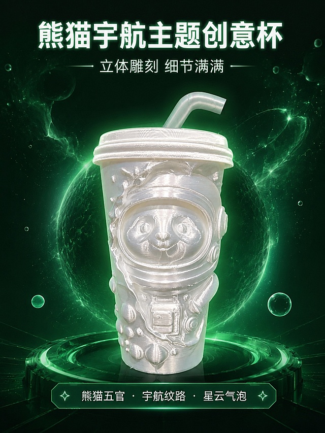 [第1屏] 详情页头图-熊猫杯创意产品海报，本屏使用【图1】作为商品主体。
[氛围/风格] 潮玩科技氛围感，简约高级，未来感商业摄影质感。
[元素布局] 熊猫杯主体居中放置，占画面约65%；背景做渐变暗绿色发光展示，点缀星云纹理，突出杯子整体轮廓；产品造型、结构、颜色必须与输入产品图完全一致。
[光影质感] 背景绿色轮廓光打透产品轮廓，正面柔光补充细节，产品底部自然投影，明暗层次清晰，雕刻纹理光影突出立体感。
[配色色系] 全局底色 #102818；主色深绿发光渐变；辅助色产品本体珠光白，浅绿文字点缀。
[视角构图] 正面平视视角，产品为绝对视觉中心，阅读动线从上至下，顶部标题 → 中部产品 → 底部信息。
[文字版式] 版式为顶部标题 + 中部产品 + 底部卖点信息条。主标题「熊猫宇航主题创意杯」，副标题「立体雕刻 细节满满」，顶部居中对齐；底部信息条标注核心卖点「熊猫五官·宇航纹路·星云气泡」，文字清晰不遮挡产品主体。
[比例分辨率] 3:4 竖版比例，4K分辨率，文字清晰可辨，高清画质。
[负向提示词] 产品变形，缺件错件，颜色偏差，文字错乱，水印，背景杂乱，产品模糊，结构错误