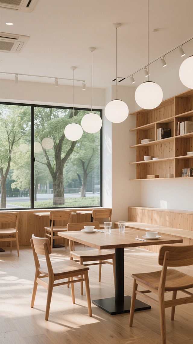 咖啡厅内部空间，极简主义设计风格，大面积落地窗引入充足自然光，窗外绿树成荫，室内以浅木色为主色调，搭配同色系实木餐桌椅，桌面摆放白色餐具和透明玻璃杯，天花板悬挂多个圆形白色吊灯形成线性排列，墙面装饰木质书架，地面铺设浅色木地板，整体营造出温暖、明亮、宁静、自然的氛围，空间布局开阔通透，细节精致，光影柔和，具有高级的现代简约设计感。