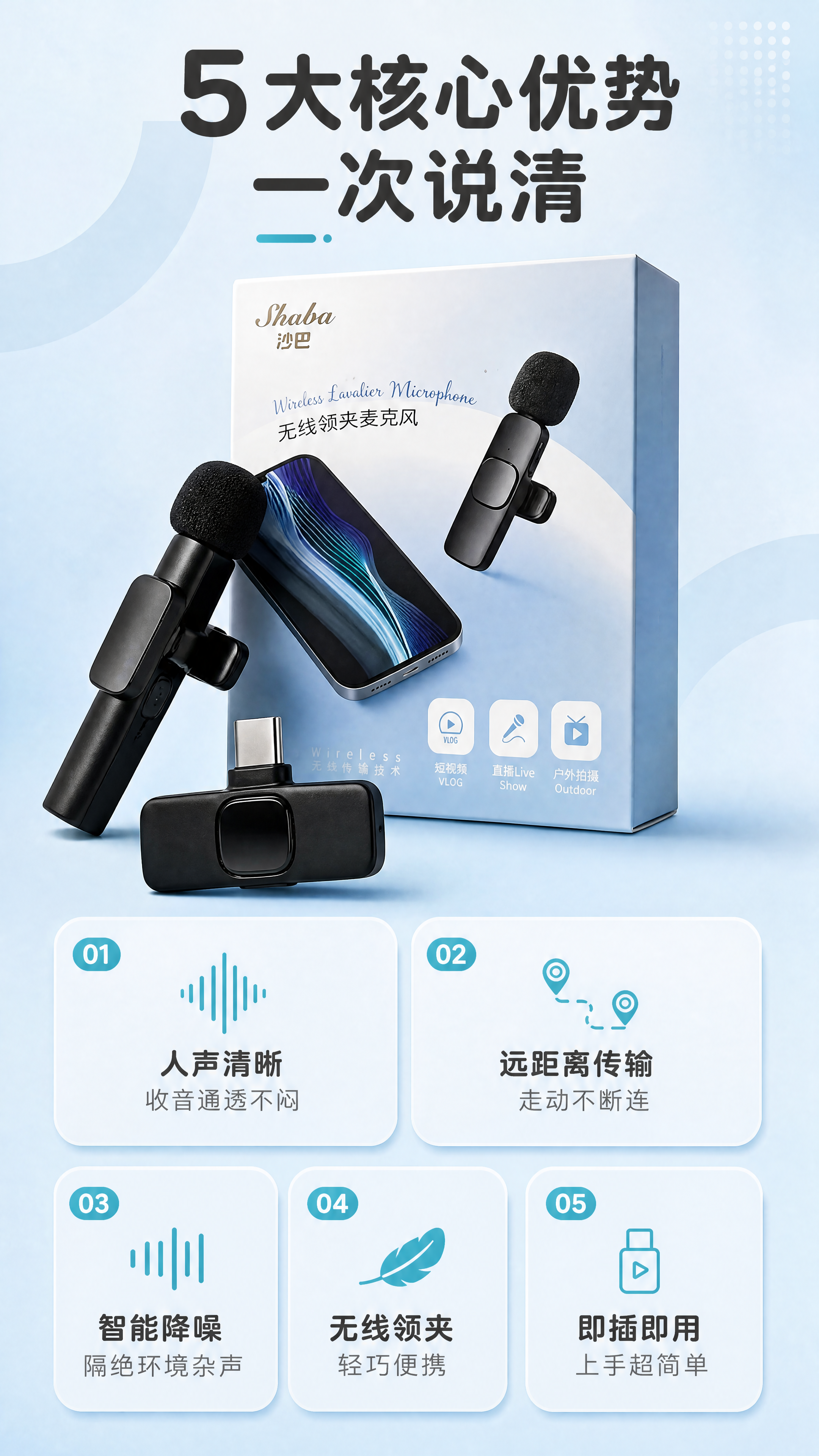 [商品] 使用【图3】黑色无线领夹麦放在包装盒上的场景；保留产… - 图片创意预览