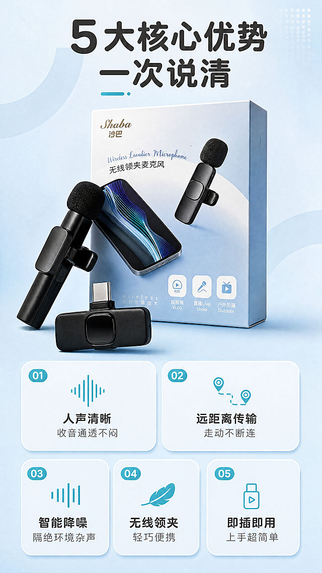 [商品] 使用【图3】黑色无线领夹麦放在包装盒上的场景；保留产品黑色哑光质感、领夹结构、海绵麦罩、Type-C接收端的真实形态，保留包装盒上"Shaba沙巴"、"Wireless Lavalier Microphone 无线领夹麦克风"等文字和图案，不改变产品结构和颜色。
[画面] 第3张·卖点总览，目标是一页讲清5大核心卖点。竖版9:16构图，上方1/3放产品大图（发射端+接收端+包装盒组合），下方2/3是5个圆角卖点卡片，2+3排列。背景是浅蓝渐变+细腻磨砂质感。每个卖点卡片有小图标和短文案。
[视觉] 套系策略：风格=小红书数码种草风·清新科技感；标题字=圆润无衬线粗体；正文字=简洁无衬线体；主色=雾霾浅蓝；背景延展=基于浅蓝做深浅渐变、磨砂质感和同色系几何块；强调色=亮青色，仅用于小面积图标、引线、标签和装饰线条；标题色=深炭灰；正文色=中灰；组件=圆角胶囊标签、细线引线、浅底信息卡；光影=左前侧柔光，产品底部有自然投影。
[文字] 顶部主标题"5大核心优势 一次说清"，下方5个卖点卡片：1."人声清晰 收音通透不闷" 2."远距离传输 走动不断连" 3."智能降噪 隔绝环境杂声" 4."无线领夹 轻巧便携" 5."即插即用 上手超简单"。每个卖点配对应小图标。文字全部横排，不遮挡产品主体。
[规格] 图片比例9:16竖版，4K，负向提示：避免变形、错字、文字过小、产品颜色改变、结构失真、白底孤立、icon宫格无设计感。
