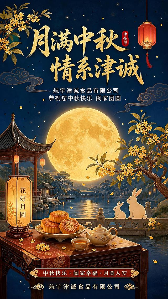 去除图片四周的金色边框和四个角的回纹装饰，去除右下角红色的“二维码占位”方块，其余画面内容（包括文字、月亮、亭子、兔子、月饼、桂花、灯笼等）保持完全不变，画面自然完整，分辨率不变