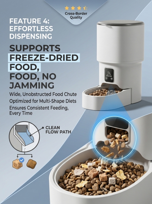 Based on the original product image, design the 4th detail page of this automatic pet feeder for cro预览效果