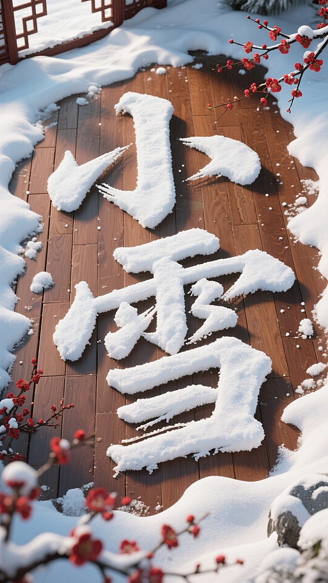 俯视视角，画面主视觉是有厚积雪的木质地板上堆出来的“小雪” 毛笔字（积雪质感真实，表面带自然起伏纹理，露出棕褐色木质纹理地板，边缘有不规则足迹）；点缀红梅装饰