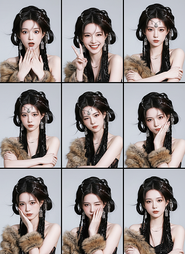 保持人物主体不变，创作一组写实风格表情包，包含表情不同、姿势不同的九宫格表情包，表情变化较大，姿势夸张