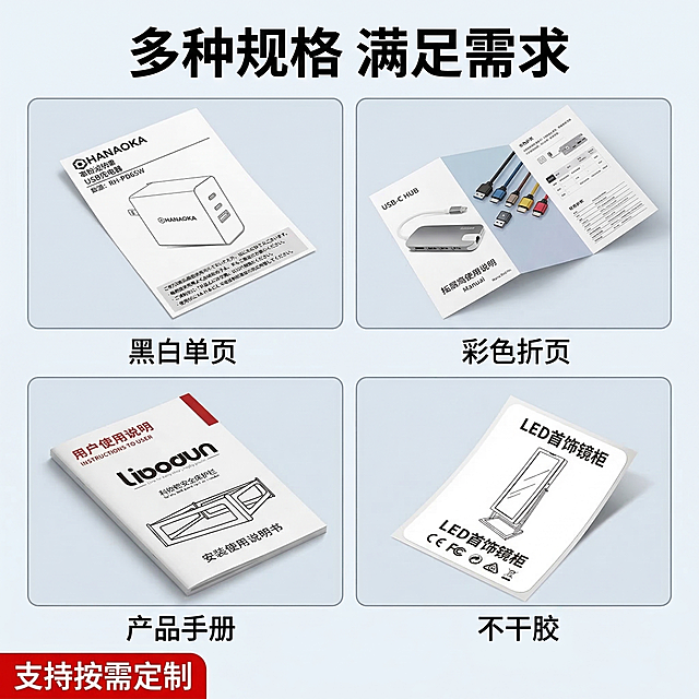 [垫图] https://gdesign-dam-hz.dancf.com/35887141219453044/f66d3013801443e9b3b2e836d05bda3c.jpg
[主图主题] 多种定制样式效果展示
[氛围/风格] 简约展示风，整齐干净，清晰直观
[画面元素] 展示四种不同定制样式的说明书，分四格拼图排版整齐排列，展示黑白单页、彩色折页、产品手册、不干胶四种不同类型，每个小图都清晰展示成品效果，浅灰白色背景，柔和均匀光影，整体干净通透。
[配色色系] 主色调：浅灰白色，黑色文字，红色标注，保持统一配色风格
[视角构图] 平视角，四宫格拼图，均衡排版
[文字版式] 主标题 "多种规格 满足需求" 在顶部居中，每个小图下方标注对应类型名称，左下角红色标签 "支持按需定制"。每个小图配浅色细边框，排版工整清晰，信息层级分明。