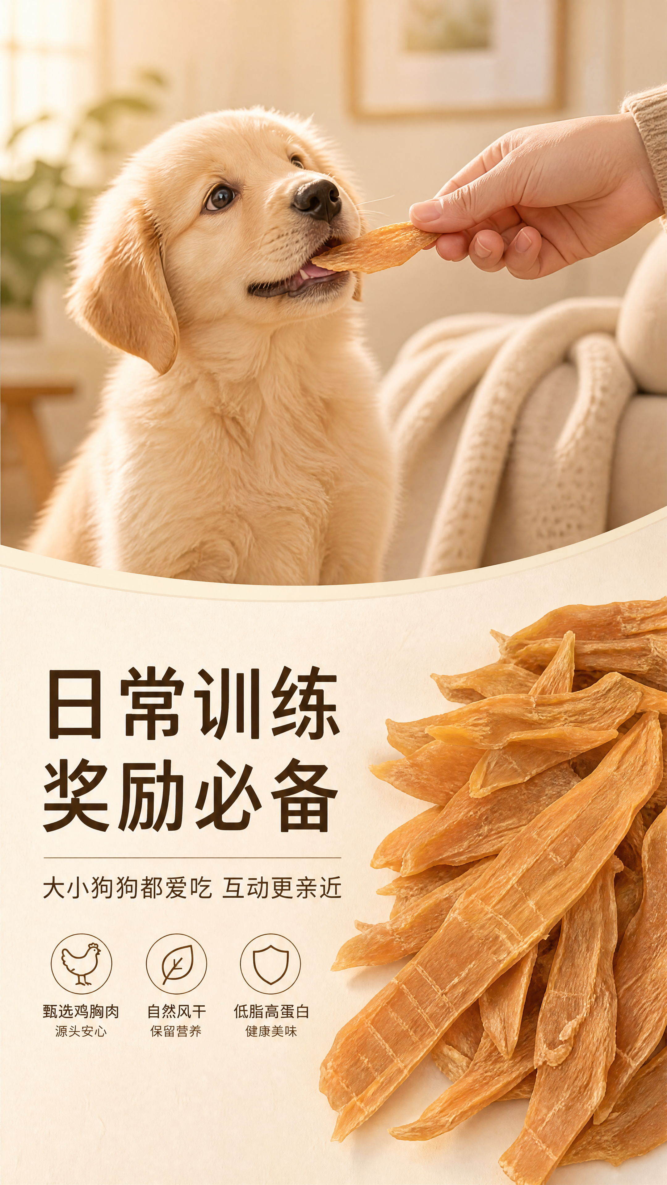 [第4屏] 喂养场景页，上半部分主人拿鸡肉干喂幼犬温馨场景，下… - 图片创意预览