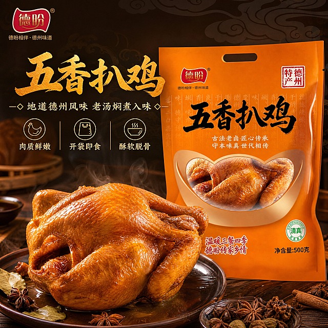 [主图-1] 首图点击率，诱惑食欲型。任务：展示五香扒鸡整体产品与诱人扒鸡实物，强食欲感，吸引点击。
[统一基调] 新中式食品类电商爆款视觉，深棕暗黑主色加暖金琥珀强调色，暗调高级感，中式祥云水波纹暗纹背景，暖金琥珀色主标题粗宋书法体，米白浅金辅助文案，细长金线菱形符号过渡，柔和暖调顶光侧逆光，高清微距强食欲感后期。
[画面] 使用【图1】德盼五香扒鸡橙色包装袋，保留包装袋整体结构、橙色主色、顶部手提孔、左上角德盼红色Logo、右上角德州特产红色印章、中间五香扒鸡黑色大字书法字体、中部开窗扒鸡实物、左下角温暖三餐四季德盼传家乡情字样、净含量500克文字。包装袋居中偏右放置，约占画面55%；左前方摆放一只完整油亮的五香扒鸡特写，表皮金黄琥珀色泛油光，周围点缀八角桂皮香叶香料和少许老汤酱汁，轻微蒸汽升腾增强食欲感。左上方留负空间放文案。
[光影质感] 柔和暖调顶光加侧逆光，模拟室内暖光，打在鸡肉表皮形成柔和高光，油亮通透干净；包装袋自然融入场景，底部有真实接触阴影，不悬浮无接缝。
[配色] 主色深棕暗黑，背景隐约中式祥云暗纹；强调色暖金琥珀，用于标题、图标、引线；产品橙色包装为画面暖色亮点，与暗调背景形成对比。
[文字版式] 左上主标题写五香扒鸡，暖金琥珀色粗宋书法大字号；副标题写地道德州风味 老汤焖煮入味，浅金色小字；下方三个短卖点横排：肉质鲜嫩 开袋即食 酥软脱骨，配小图标，细金线分隔；左上角放德盼同款品牌Logo；文字不遮挡产品主体。
[输出要求] 1:1正方形，2K，文字清晰可读，产品清晰完整；负向：变形、错字、模糊、杂乱、水印、平台Logo、冷蓝背景、悬浮感、绝对化用语。