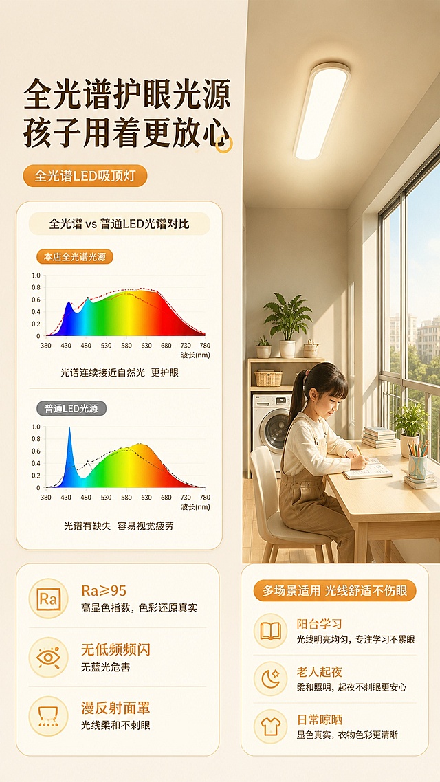 设计一张全光谱护眼吸顶灯电商宣传图，参考图2的暖黄色调，版式布局：左侧光谱对比图，右侧孩子阳台学习实景图。主标题是"全光谱护眼光源 孩子用着更放心"，参数文案：・Ra≥95 高显色指数，色彩还原真实 ・无低频频闪，无蓝光危害 ・漫反射面罩，光线柔和不刺眼；场景文案：阳台学习、老人起夜、日常晾晒，光线舒适不伤眼。整体风格简约明亮，适合电商宣传。