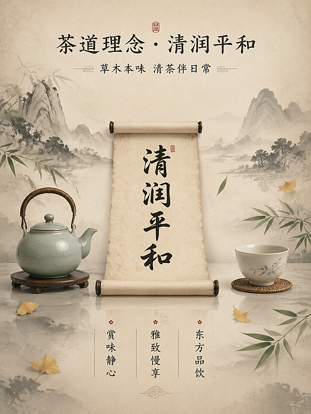 [第2屏] 文化内核-茶韵理念 清润平和。新中式东方茶道意境页面。
画面采用对称式构图，中央为一卷展开的古朴宣纸，纸上用毛笔书法写着「清润平和」四个大字；宣纸两侧对称摆放素雅茶具：左侧青瓷茶壶，右侧白瓷品茗杯；背景为淡墨山水晕染，远山如黛，云雾缭绕；前景有几片飘落的银杏叶或竹叶；整体营造东方雅致、禅意静心的氛围。
顶部主标题「茶道理念 · 清润平和」，温润宋体；下方副标题「草木本味 清茶伴日常」，小字楷体；底部三行短句竖排分列左右：「赏味静心」「雅致慢享」「东方品饮」。
光影柔和弥散，整体低对比度，水墨晕染质感，色调淡雅。
全局米灰宣纸底色，墨黑+赭石为主色，青绿点缀。
