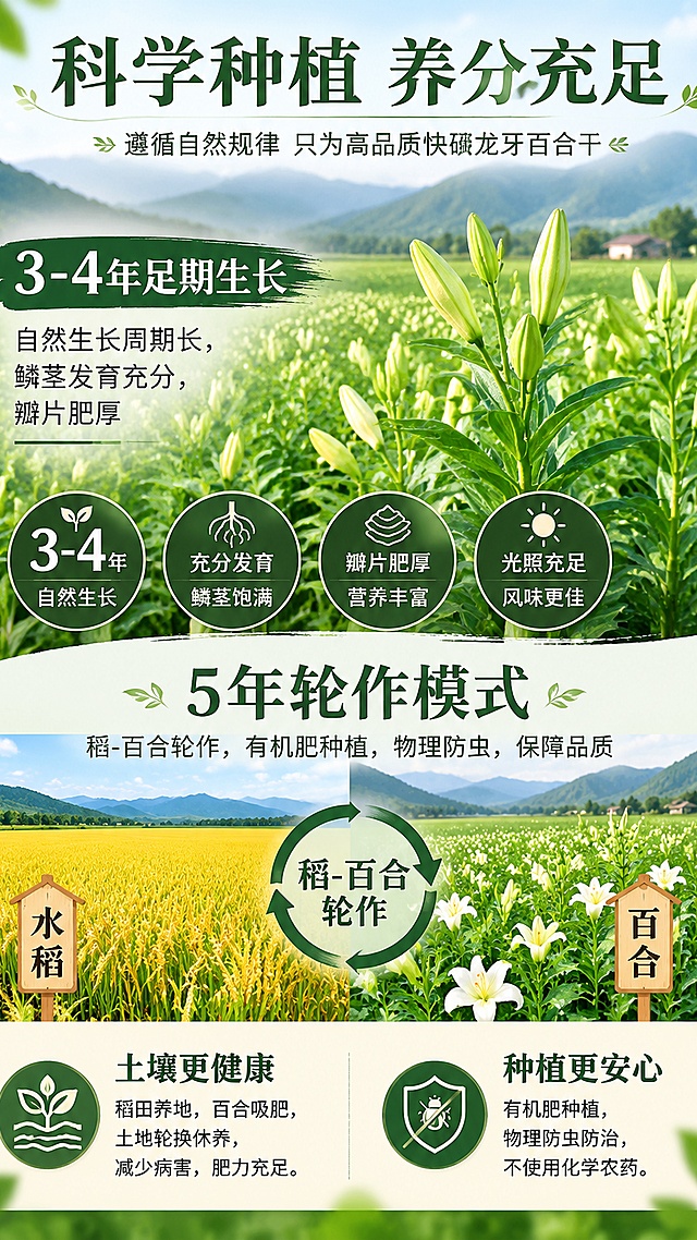 [第3屏] 详情页种植工艺卖点-快砳龙牙百合干种植优势介绍。本屏不使用图生图，图文排版。
[氛围/风格] 自然农耕风，清新绿色调，专业可信，突出生态种植理念。
[元素布局] 页面分为上下两部分，上半部分3-4年足期生长百合田实景，搭配3-4数字放大标注；下半部分介绍5年轮作模式，展示稻-百合轮作农田示意图，左右分栏展示两大种植优势。
[光影质感] 自然日光，田块层次清晰，明暗过渡自然。
[配色色系] 全局底色 #F2F9F0；主色农田绿色；辅助色深绿色标题，米白色分栏底。
[视角构图] 双模块上下构图，每个模块独立展示一个卖点，阅读动线从上到下。
[文字版式] 顶部主标题「科学种植 养分充足」，上栏卖点标题「3-4年足期生长」，说明：「自然生长周期长，鳞茎发育充分，瓣片肥厚」；下栏卖点标题「5年轮作模式」，说明：「稻-百合轮作，有机肥种植，物理防虫，保障品质」；字体沿用温润宋体，深绿色字，信息清晰易读。
[比例分辨率] 9:16 竖版比例，4K分辨率，文字清晰可辨，高清画质。
[负向提示词] 文字错乱，文字过小，模块拥挤，颜色失真，构图混乱。