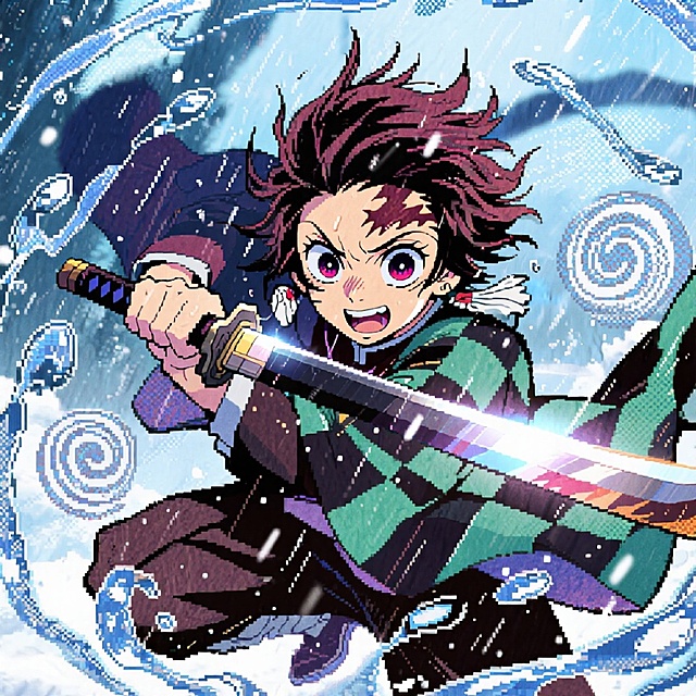 像素风动漫角色挥剑斩破冰晶，热血感爆棚，粒子特效环绕，漫画式动态构图，展现极致战斗瞬间。