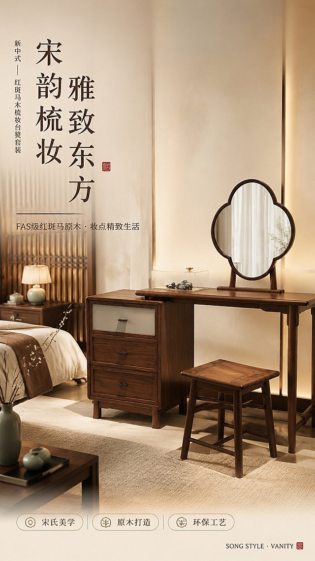 [第1屏] 详情页头图-宋氏美学红斑马木梳妆台凳套装主视觉海报。本屏使用【图1】作为商品主体，保持梳妆台+三抽边柜+梅花形镜子+实木方凳的完整结构、比例、材质纹理、深棕木色与输入图完全一致，禁止改变产品结构。
[氛围/风格] 宋氏美学东方雅致风，新中式禅意卧室实景，温润静谧，商业摄影质感，高级氛围感。
[元素布局] 梳妆台凳套装置于画面中右侧，占比约65%；左侧为新中式卧室空间，含米白亚麻床品、木格栅背景墙、宣纸灯、青瓷摆件、干枝梅花瓶等软装元素，三层以上景深；产品保留原结构：左侧三抽斗柜（上层浅灰面板+下层两木抽）、右侧梳妆台桌面、梅花形镜、配套方凳，木纹、拉手、腿型与原图一致。
[光影质感] 左前侧45°柔光主光，右侧暖光辅光，桌面自然柔和投影，木纹肌理清晰通透，整体温润明亮。
[配色色系] 全局底色 #F5EFE6（米白杏色）；主色深棕木色 #6B4423；辅助色米白、青瓷灰、墨黑点缀。
[视角构图] 正面微侧45°视角，中景带环境，阅读动线左上标题→中部产品→底部卖点条。
[文字版式] 左上竖排+横排组合标题区。主标题「宋韵梳妆 雅致东方」，副标题「FAS级红斑马原木 · 妆点精致生活」；下方三枚胶囊卖点「宋氏美学」「原木打造」「环保工艺」；右下角系列角标「SONG STYLE · VANITY」；文字不遮挡产品主体，字体为宋体衬线+细黑体组合。
[比例分辨率] 9:16竖版比例，4K分辨率，文字清晰可辨，高清画质。
[负向提示词] 产品结构变形，缺件错件，颜色偏差，木纹错乱，文字过小，水印，背景杂乱，现代感过强。