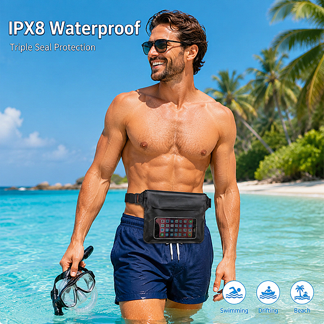Amazon lifestyle infographic image. A European man in blue swim trunks and sunglasses, wearing the black triple-seal PVC waterproof waist bag around his waist, standing in shallow turquoise ocean water at a tropical beach. He is smiling, holding a snorkel mask in one hand. The waterproof bag is clearly visible with transparent phone window showing a smartphone inside. Bright sunny day, palm trees in background, clear blue sky. Top left area has English text: "IPX8 Waterproof" in large bold white font with subtle dark outline, below it "Triple Seal Protection" in smaller font. Bottom right has 3 small icon badges: "Swimming", "Drifting", "Beach". Commercial lifestyle photography, vibrant colors, high quality. Keep the waterproof bag appearance consistent with input product image. No Chinese, no trademarks. 1:1 square format.