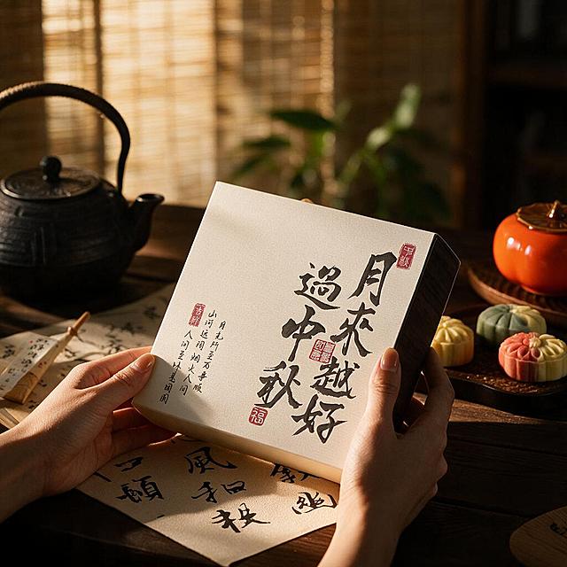 保持主体物绝对不变，礼盒的形状、大小、文字、图案完全保留。将背景替换为中式茶室/原木书桌场景，背景可适当放一些深色茶具、盆栽、竹帘作为点缀，必须做景深虚化处理。使用暖黄色的午后天光（侧逆光），让光线从斜后方打向月饼盒。背景四周暗角加深，中景（盒子周围）提亮，呈现出明显的远、中、近三层空间感。整体画面呈现高级商业广告摄影质感，光影柔和，色彩温暖典雅。