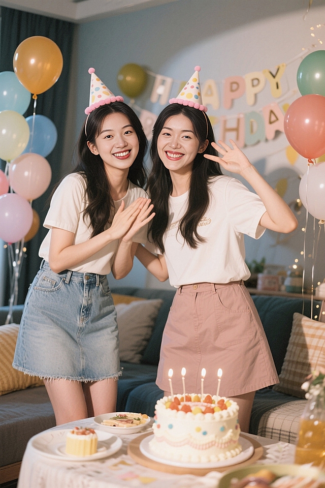 2个女生，生日的合照影像，可爱风，时尚穿搭，休闲聚会场景，快乐氛围，光感柔和，生活记录感，享受时光