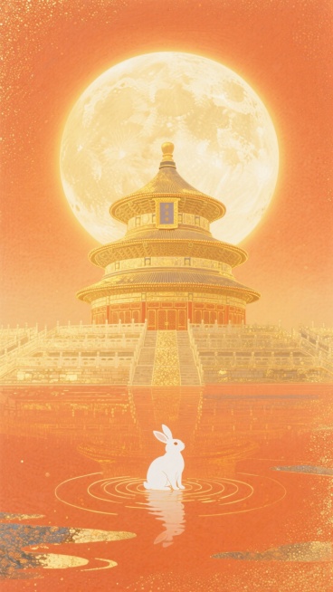 整体画面色调由顶部的深橙色渐变至底部的淡黄色，营造出柔和且富有层次的色彩过渡。画面中央是一个巨大且发光的天坛，天坛的后面是巨大的月亮，天坛的颜色从金黄色自然渐变为柔和的橙色，散发出神秘而庄重的光芒，光预览效果