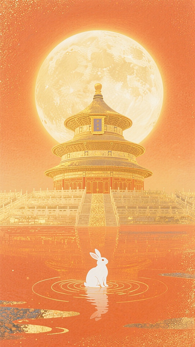 国潮风插画，天坛剪影映月，鎏金粒子点缀，白兔静坐水面泛涟漪，中式古典与梦幻唯美感交织，中秋节日氛围浓厚。
