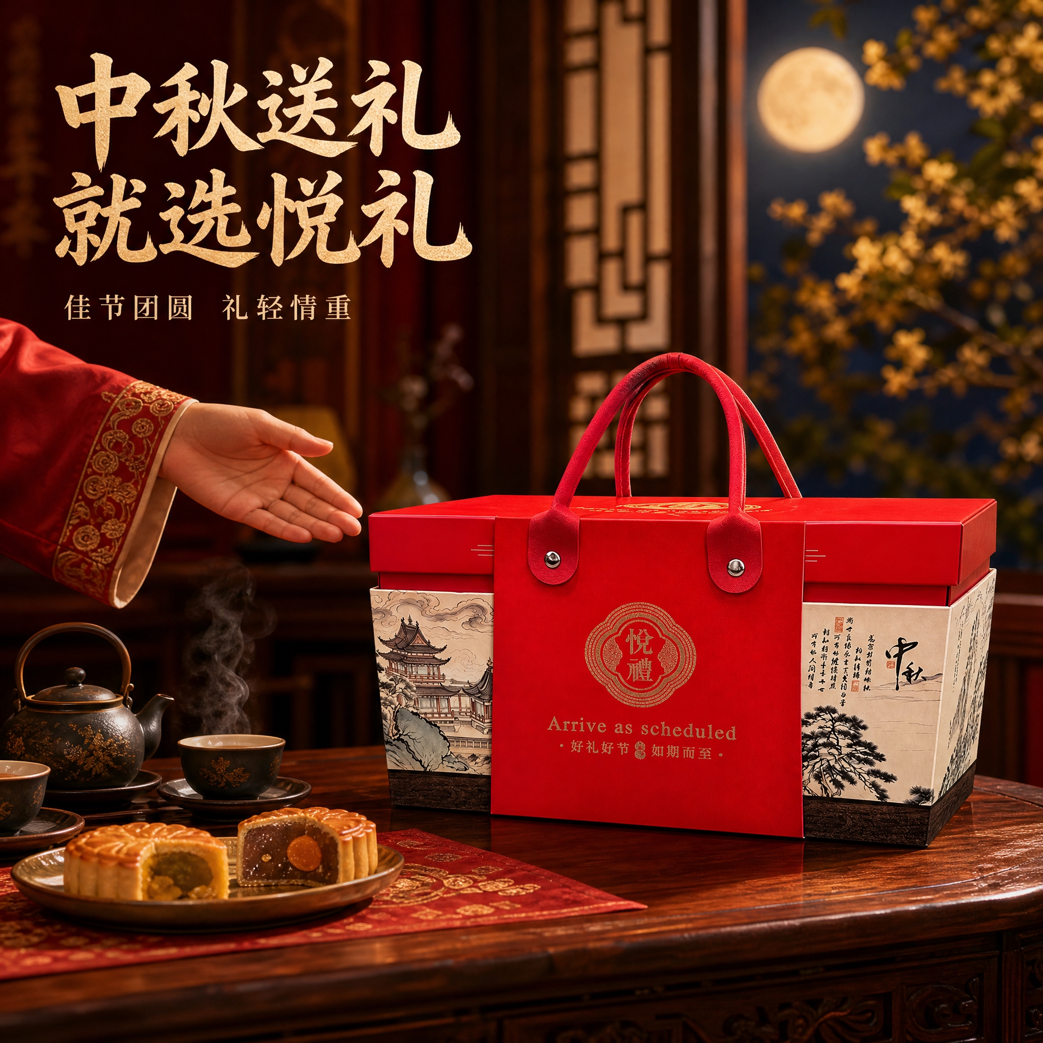 [主图-4] 中秋月饼礼盒送礼场景图，展示中秋佳节送礼的生活场… - 图片创意预览