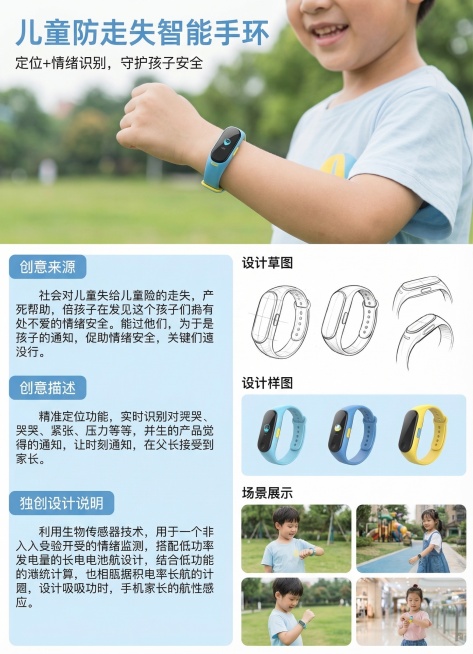 仿照参考海报的版式设计儿童防走失智能手环宣传海报，主标题为“儿童防走失智能手环”，副标题“定位+情绪识别，守护孩子安全”，画面顶部展示手环佩戴在儿童手腕的效果图，依次设计说明模块：创意来源为关注儿童走预览效果