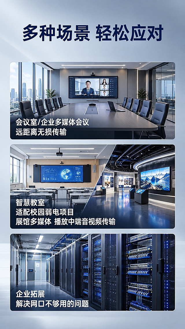 基于参考图重新生成电商详情页，延用第一张的大气简约商务科技风格和9:16竖版排版，高级灰渐变背景，字体稳重专业。文案全部保持不变：顶部大标题"多种场景 轻松应对"，三个横向场景框纵向排列。第一个框文字"会议室/企业多媒体会议 远距离无损传输"，框内生成现代化企业多媒体会议室场景图；第二个框文字"智慧教室 适配校园弱电项目 展馆多媒体 播放中端音视频传输"，框内生成智慧教室与展馆多媒体融合场景图；第三个框文字"企业拓展 解决网口不够用的问题"，框内生成企业网络机房设备场景图。每个黑色框内填充对应高清实景图，文字置于图片底部，整体排版整齐统一，风格大气简洁不花哨，适配电商详情页，中文界面。