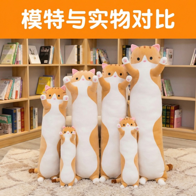将图中长条猫抱枕的背景换成客厅地毯上，后面背靠书架，预览效果