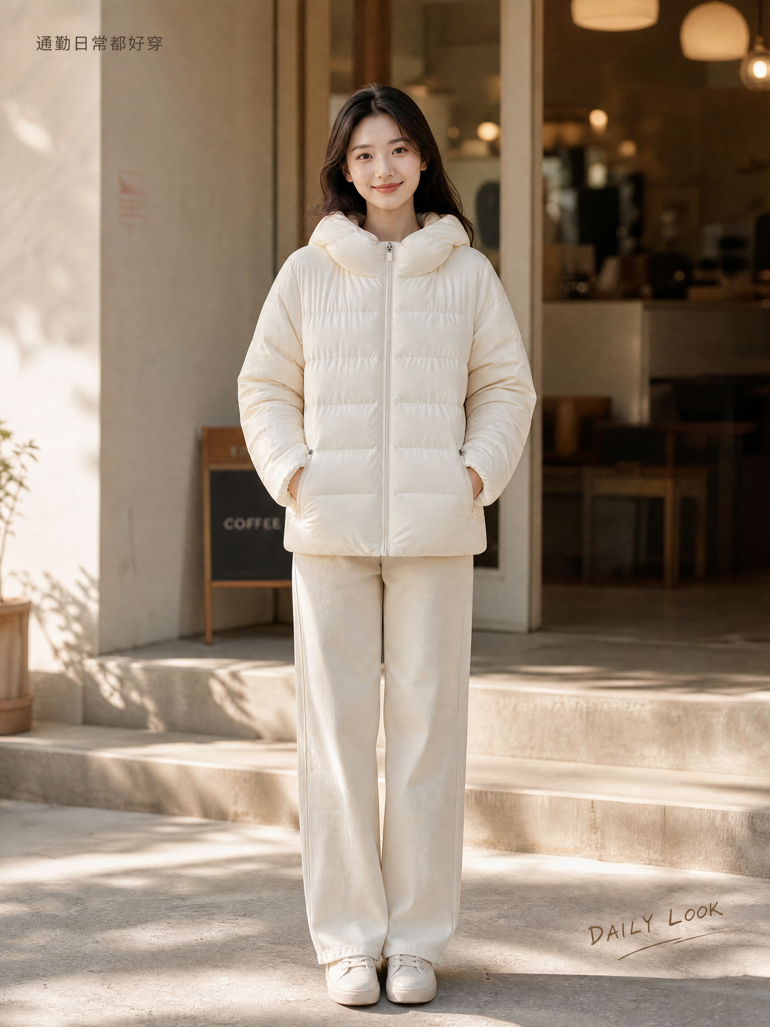 [商品] 使用【图1】奶白色连帽短款羽绒服；商品处理：保留连帽… - 图片创意预览